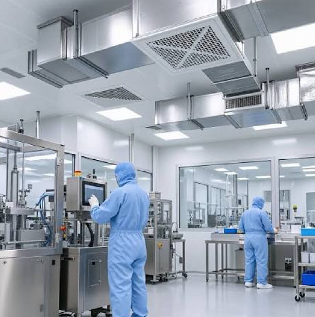 Techniciens en combinaison dans une salle blanche de production pharmaceutique