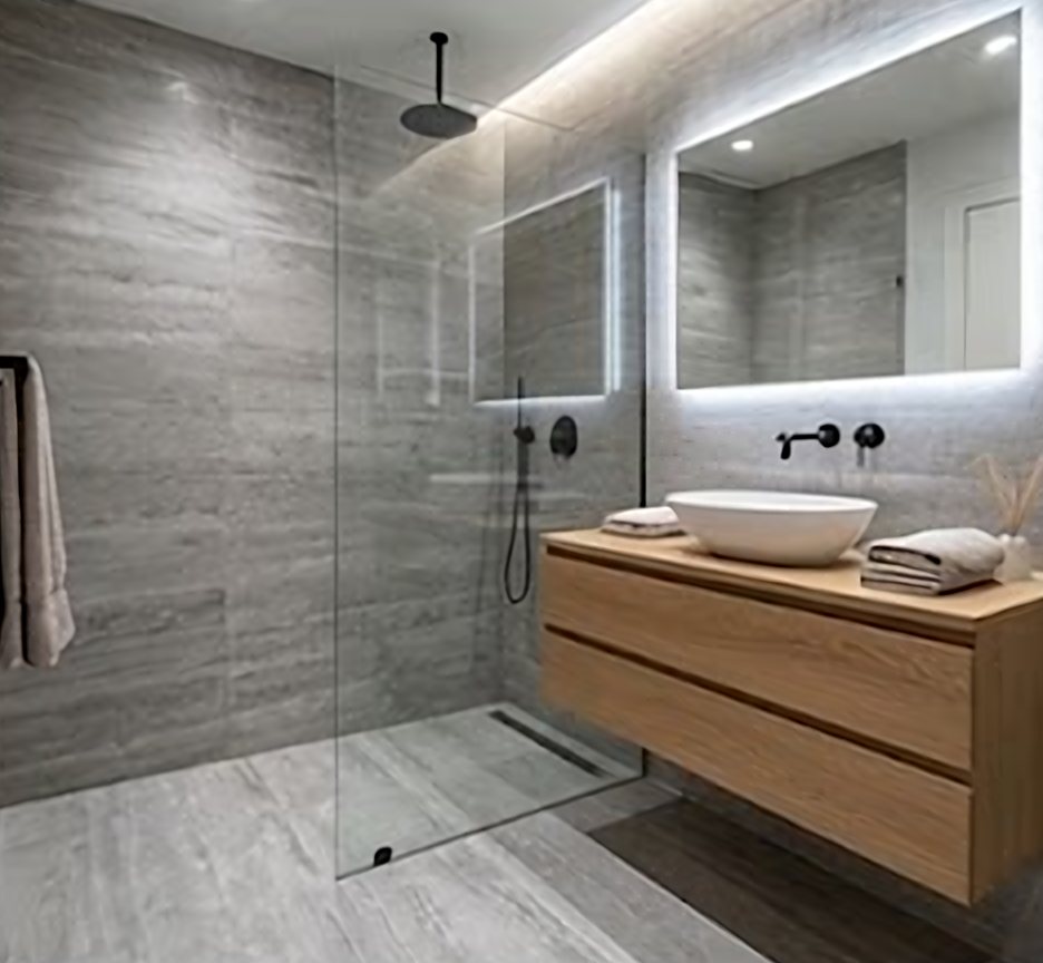 The rebuilt bathroom: glass shower, large-format tile, floating vanity and backlit mirror